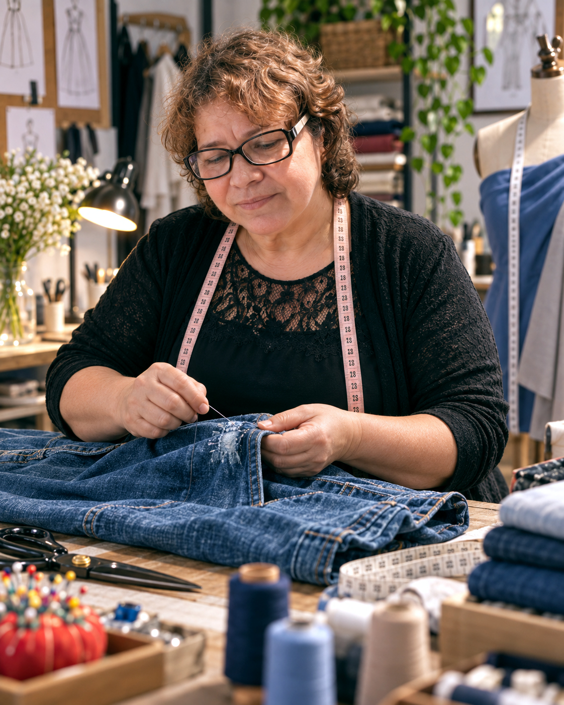 Maria de Lourdes fazendo um ajuste cuidadoso em uma peça jeans