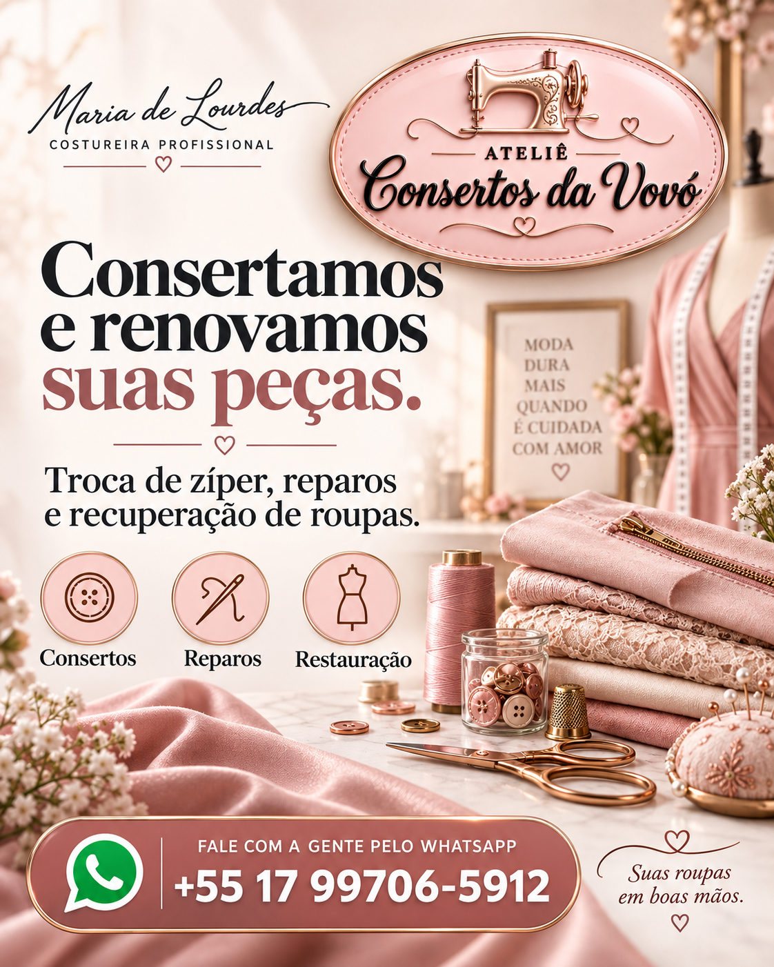Consertos e reparos — Troca de zíper, costuras abertas e recuperação de peças do dia a dia.