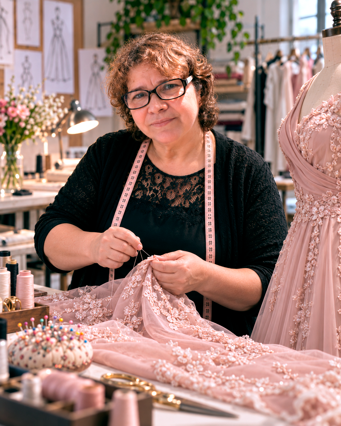 Maria de Lourdes costurando à mão os detalhes de um vestido