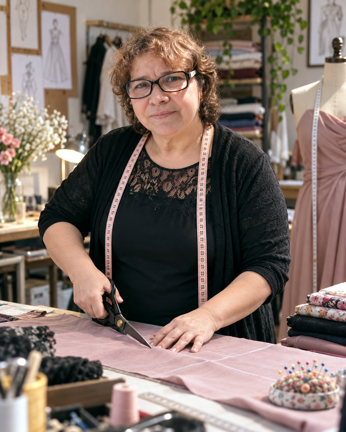 Maria de Lourdes cortando tecido com precisão em seu ateliê